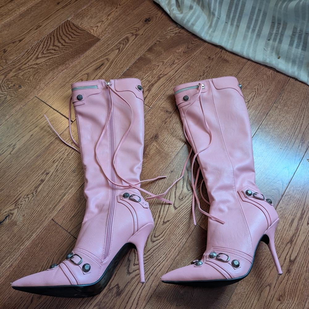 Pink Knee-High Stiletto Boots